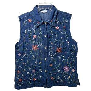 Vintage 90s Embroidered Denim Vest Size Large Floral Boho Cottage